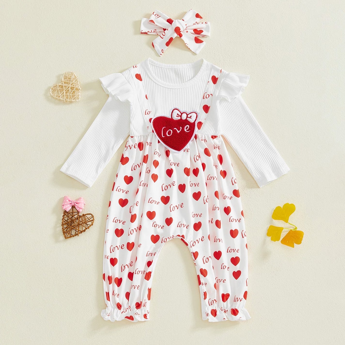 2PCS Cute Love Letter Heart Printed Long Sleeve Baby Jumpsuit
