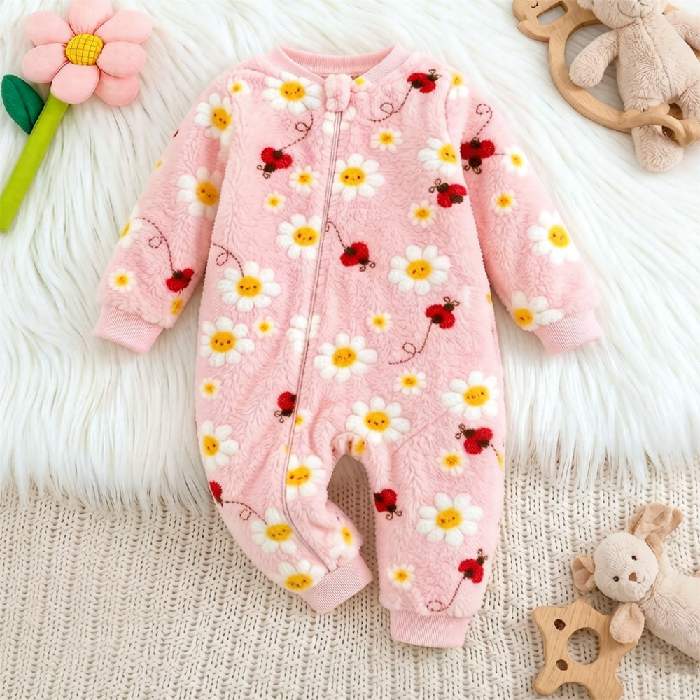 Grace Ladybug Floral Printed Fuzzy Baby Girl Jumpsuit