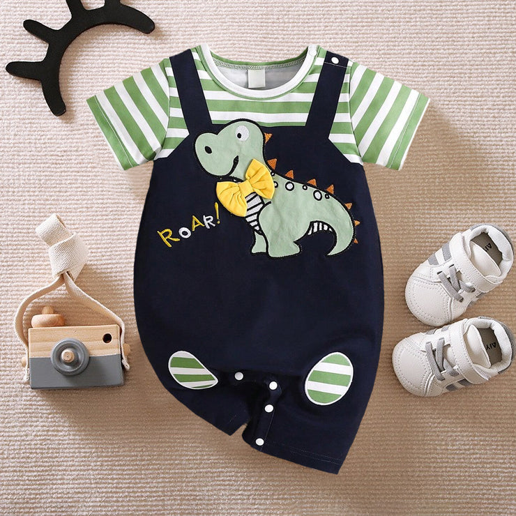 Cute Dinosaur Embroidery Patch Stripe Printed Baby Jumpsuit