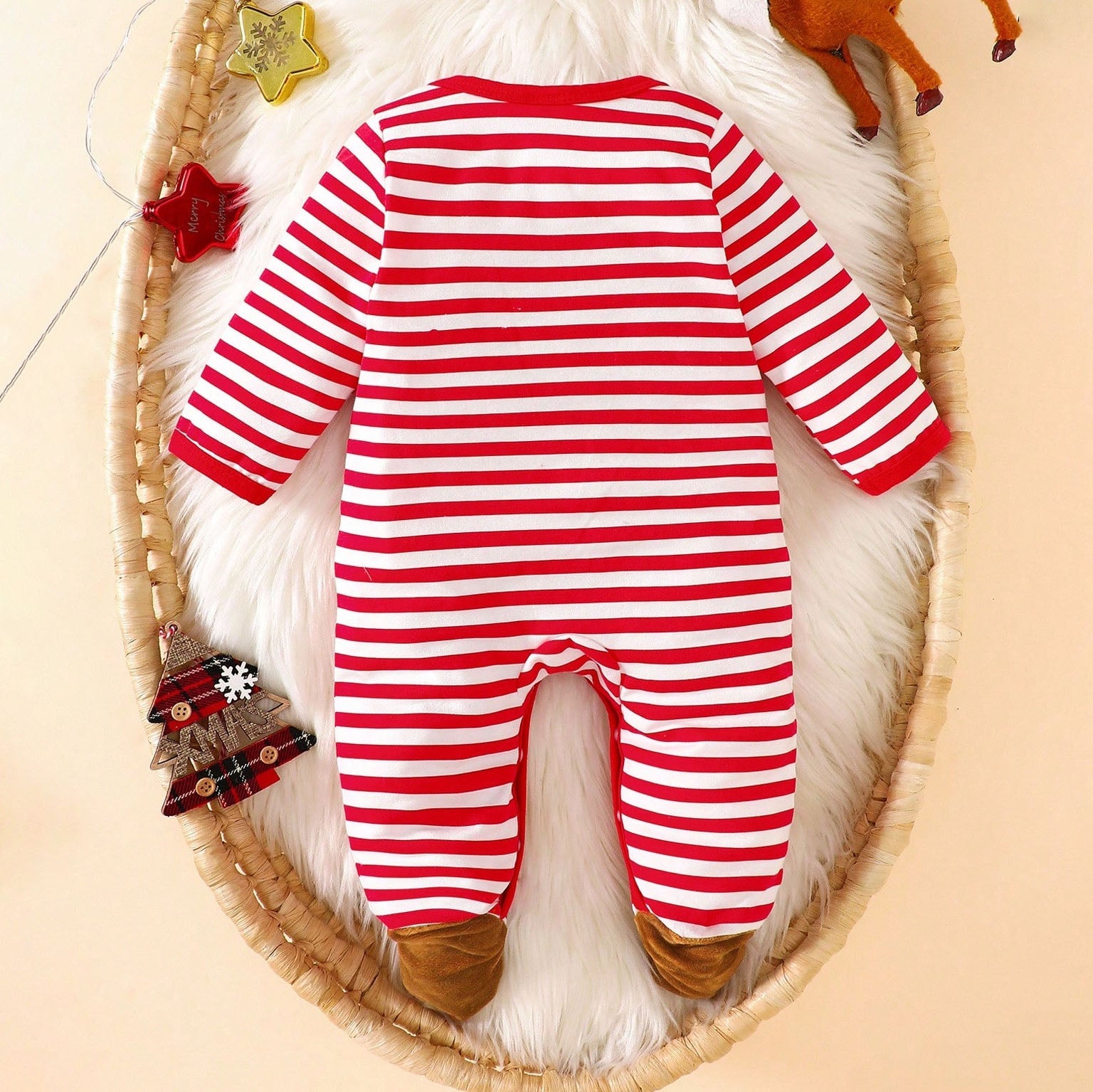 Christmas Deer Embroidery Stripe Printed Baby Jumpsuit