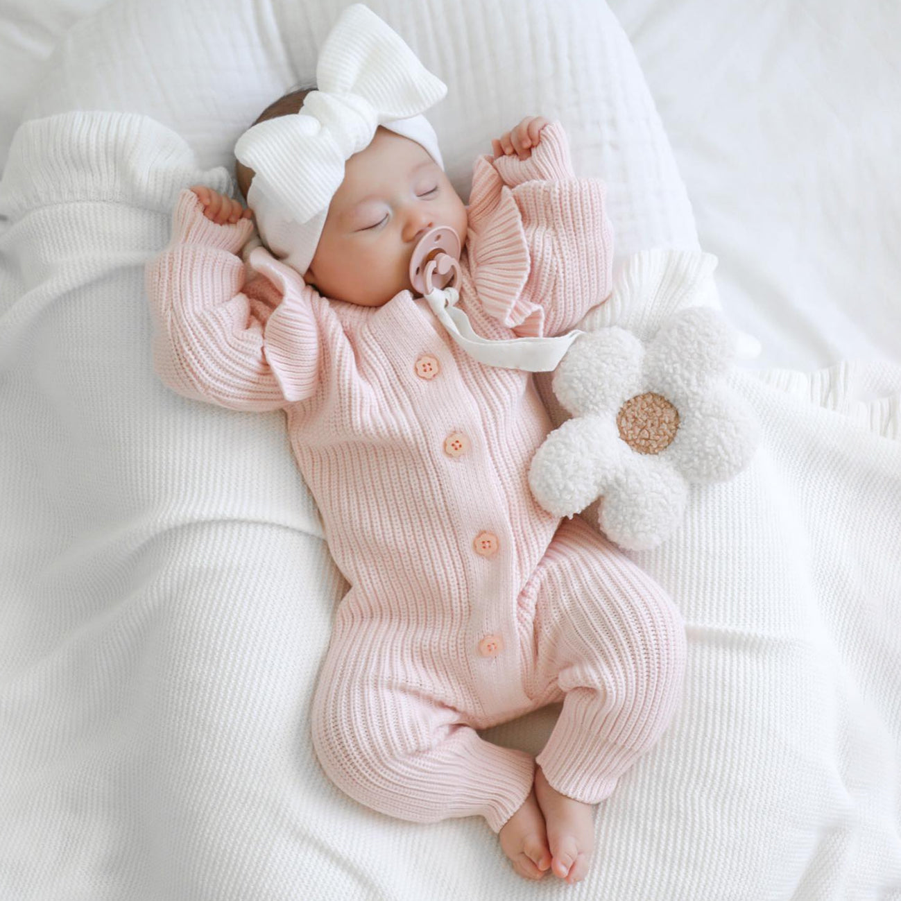 Sweet Solid Color Ribbed Knit Long Sleeve Baby Jumpsuit