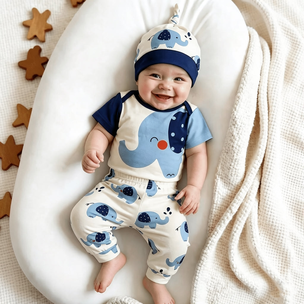 3PCS Comfy Elephant Print Short Sleeve Baby Set