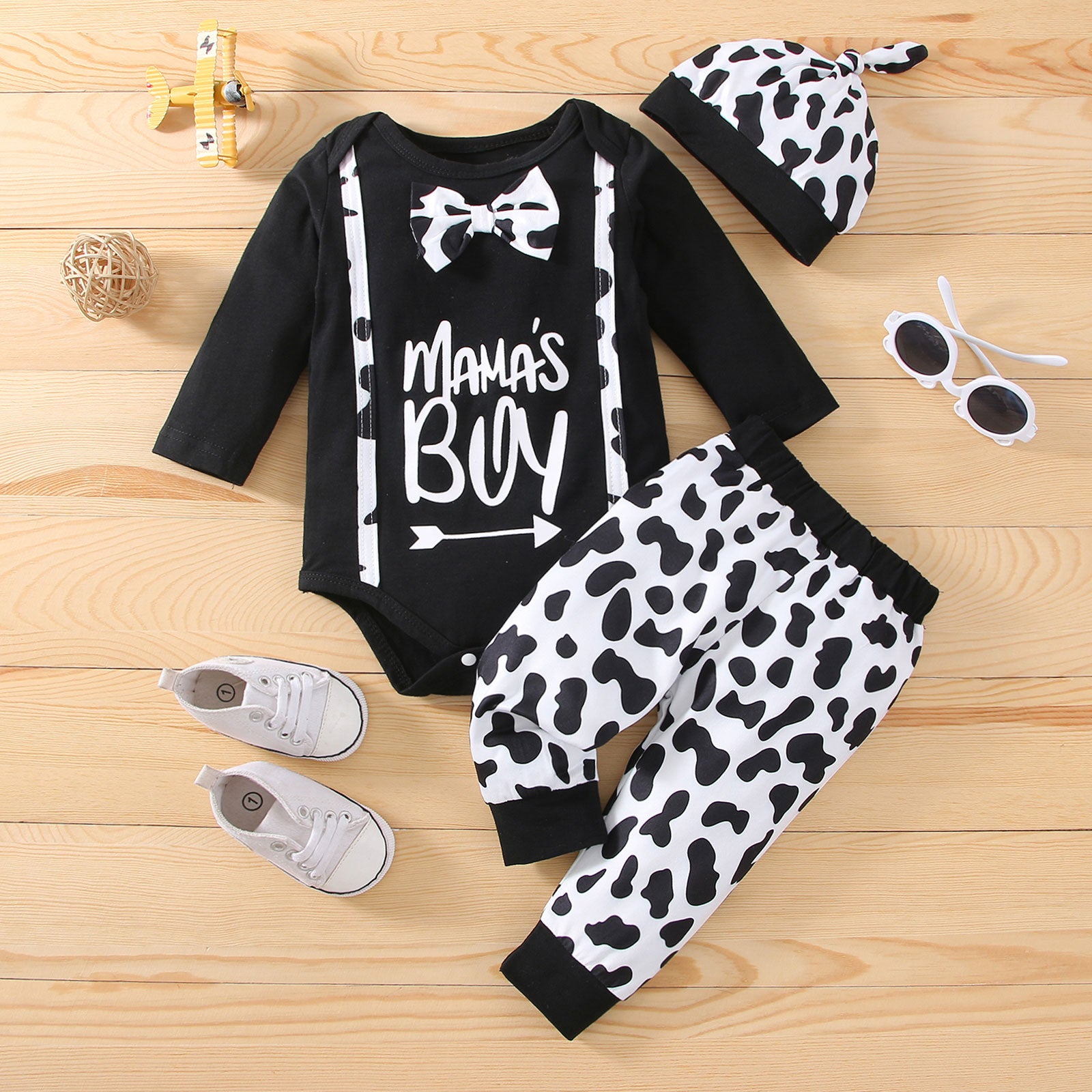 3PCS Cute Mama's Boy Letter Cow Printed Long Sleeve Baby Set