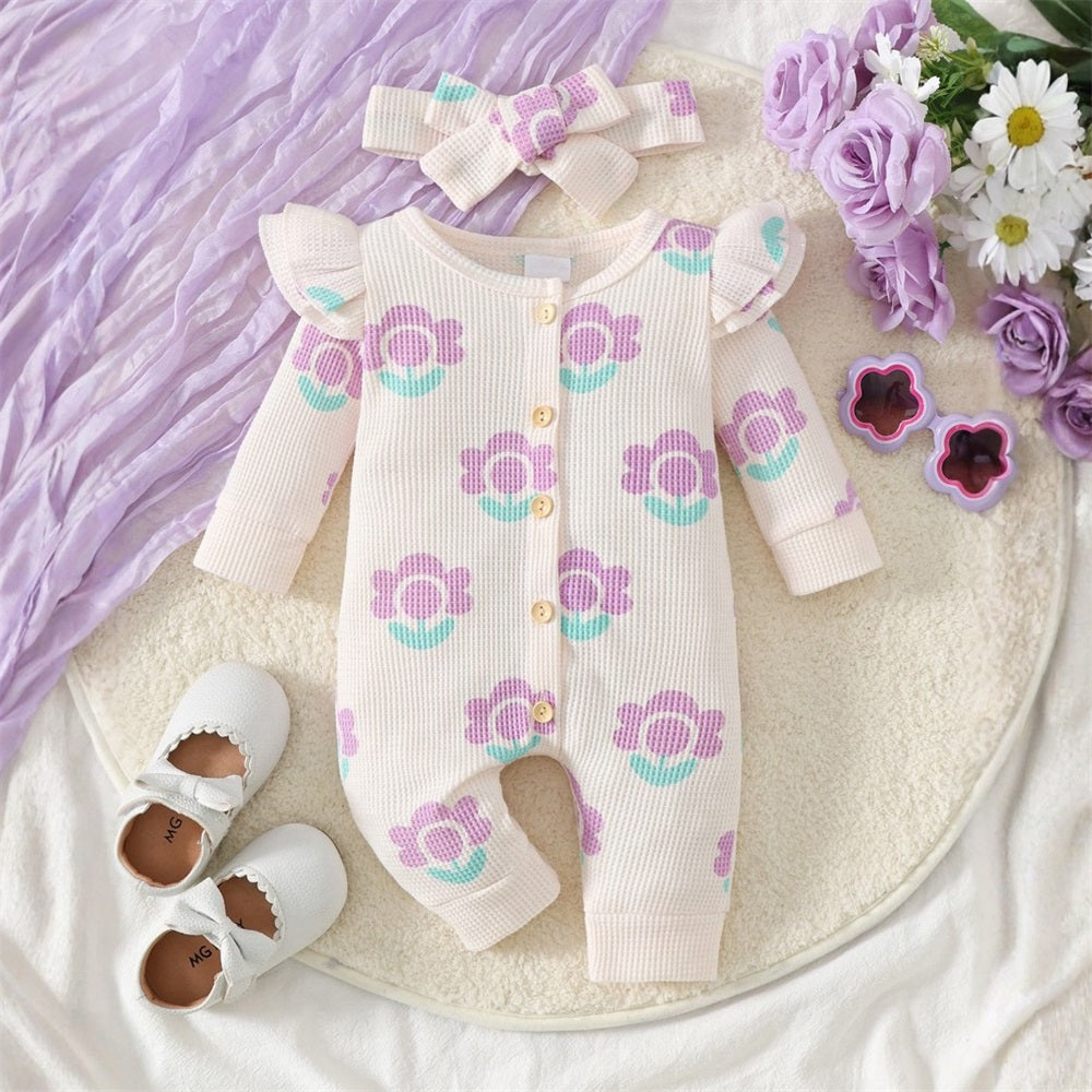 2PCS Cute Floral Print Long Sleeve Baby Jumpsuit