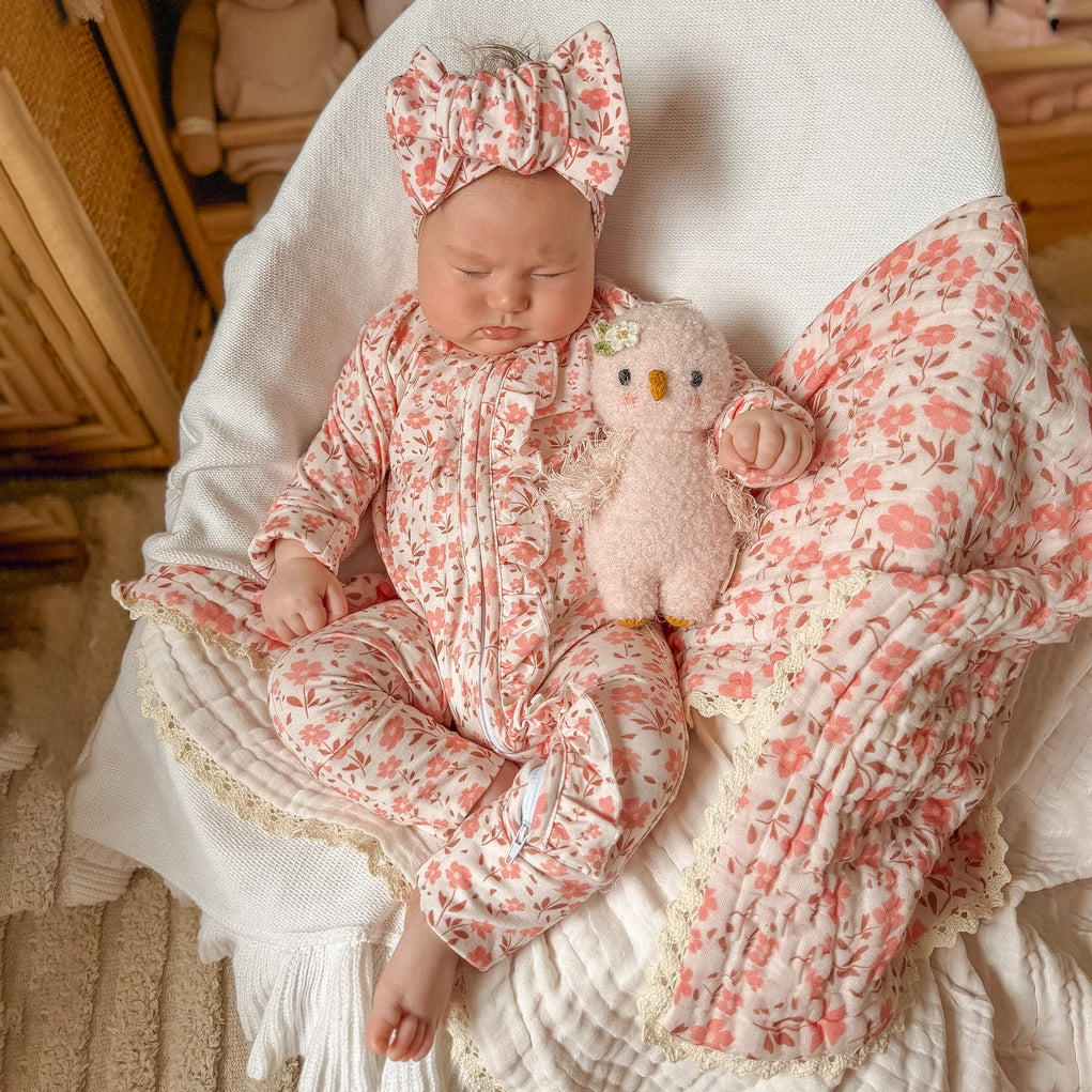 2PCS Delicate Floral Print Ruffle Zipper Long Sleeve Baby Jumpsuit