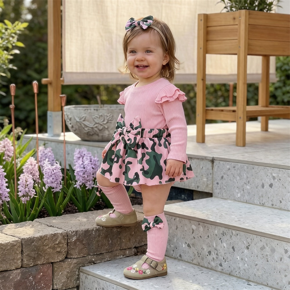 3PCS Adorable Camouflage Print Bow Baby Girl Romper