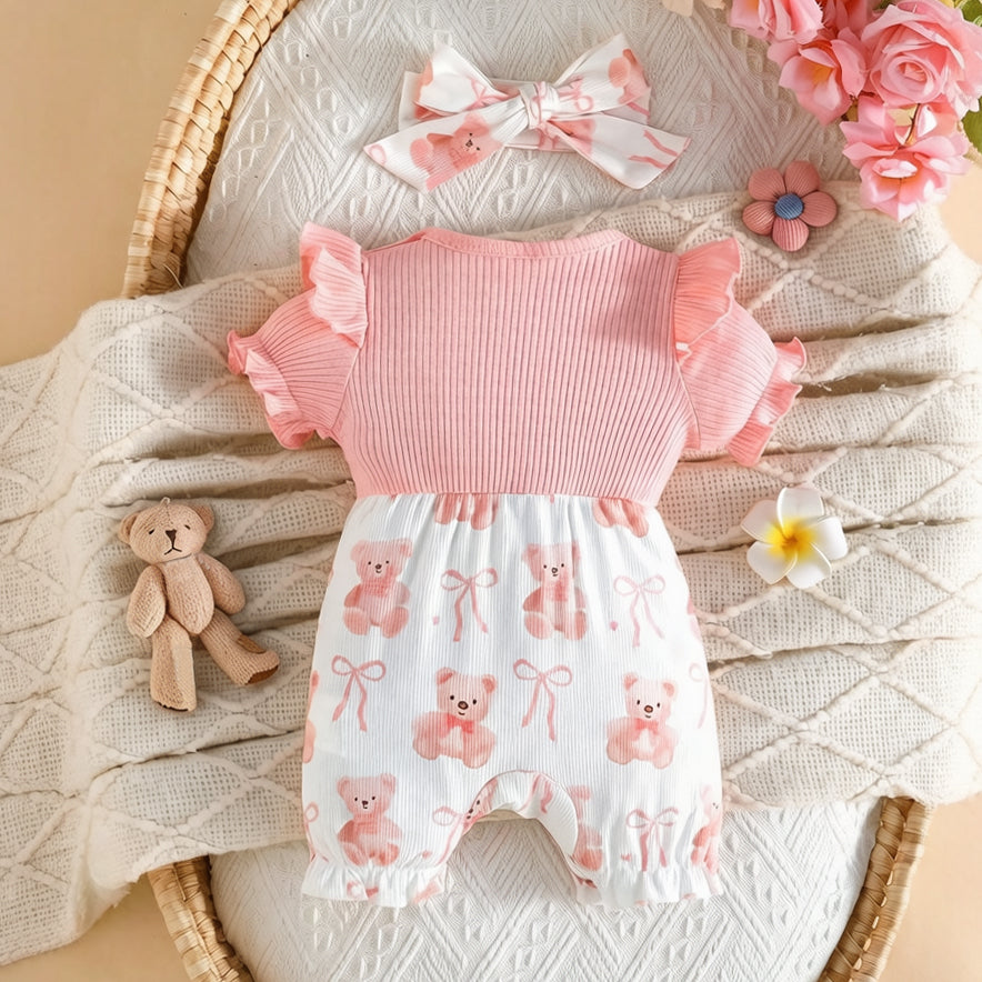 2PCS Cute Teddy Bear & Bow Print Short Sleeve Baby Jumpsuit