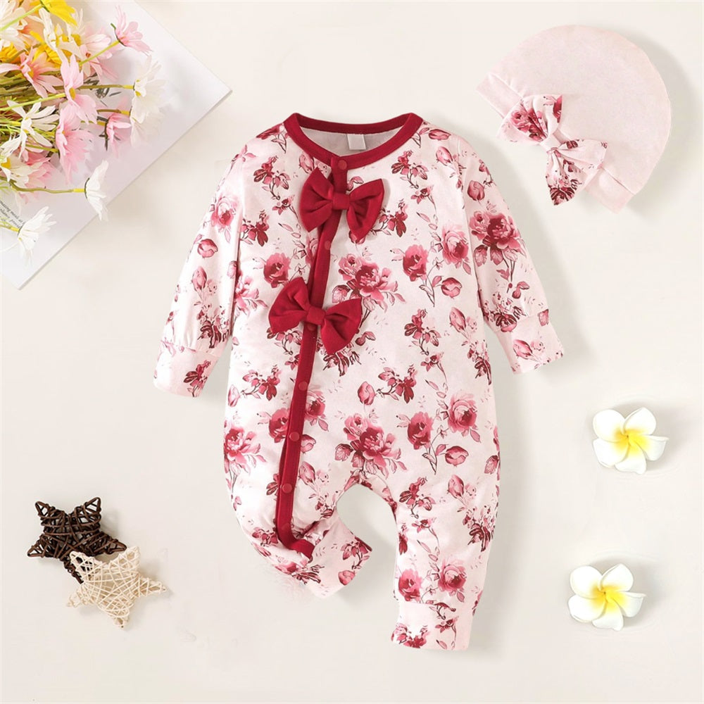2PCS Comfy Floral Printed Long Sleeve Baby Girl Jumpsuit