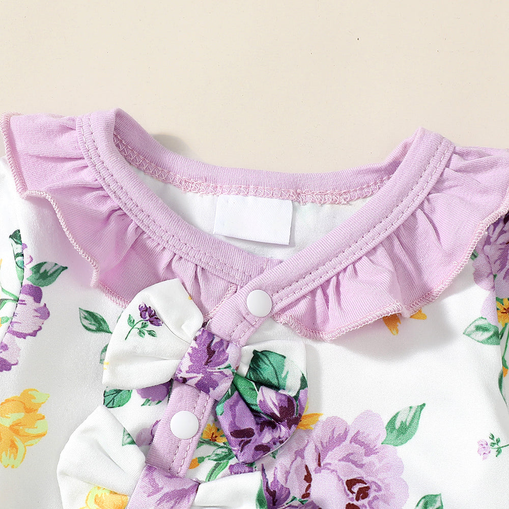 3PCS Charming Floral Print Bow Long Sleeve Baby Jumpsuit