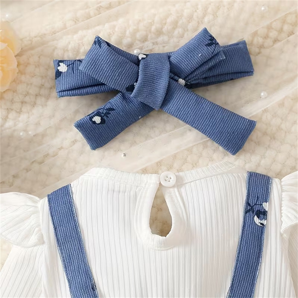 2PCS Stylish Floral Print Bow Long Sleeve Baby Jumpsuit