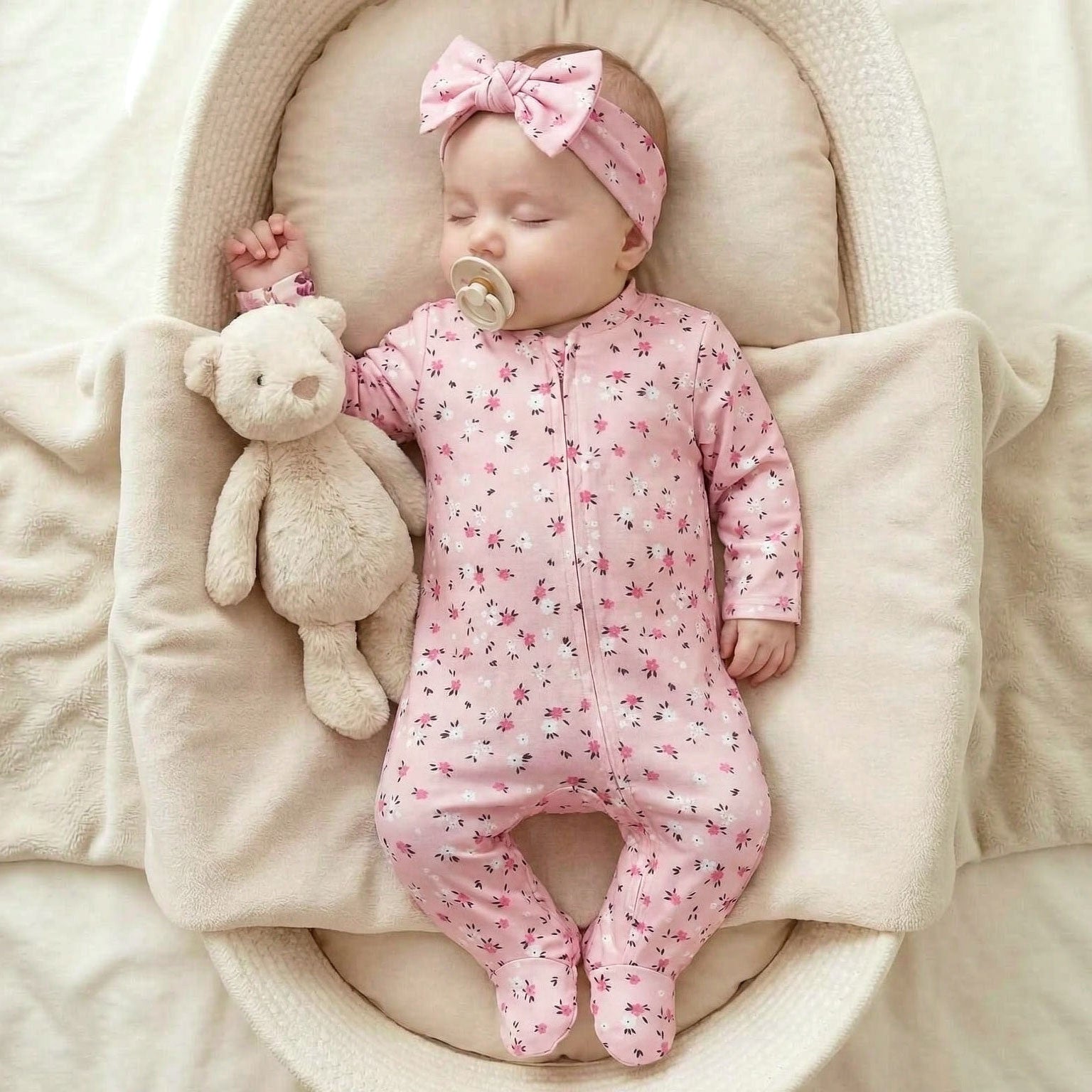 2PCS Bubbly Floral Printed Zipper Long Sleeve Baby Jumpsuit