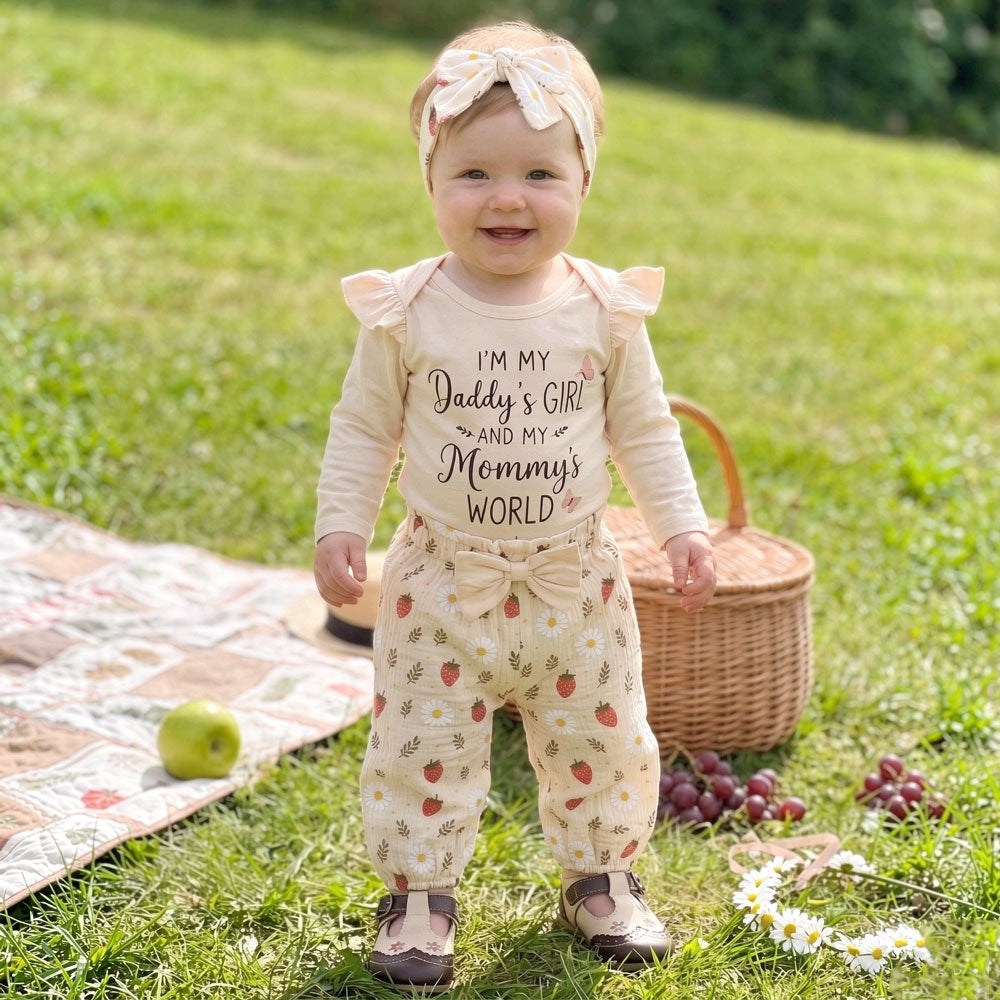 3PCS Daddy's Girl Mommy's World Letter Strawberry Printed Long Sleeve Baby Set