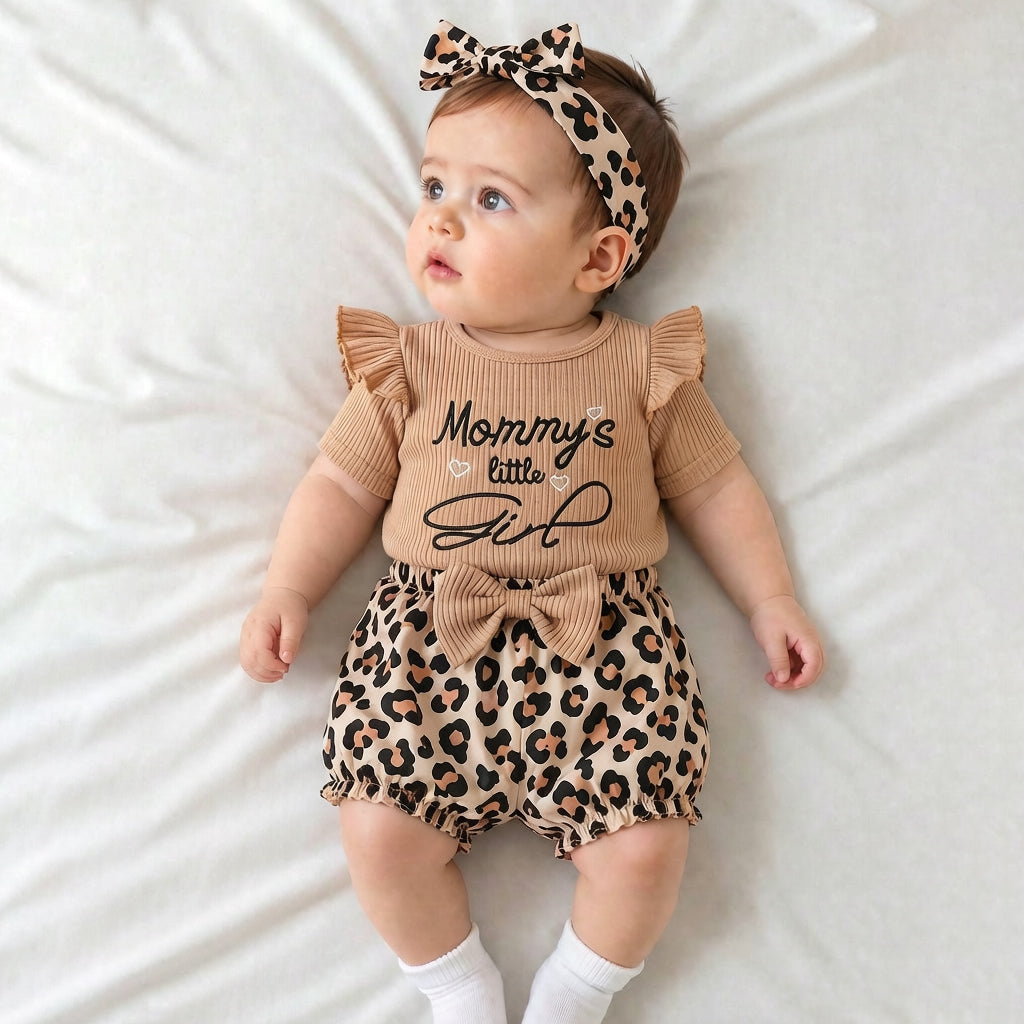 3PCS Mommy's Little Girl Letter Leopard Print Baby Set