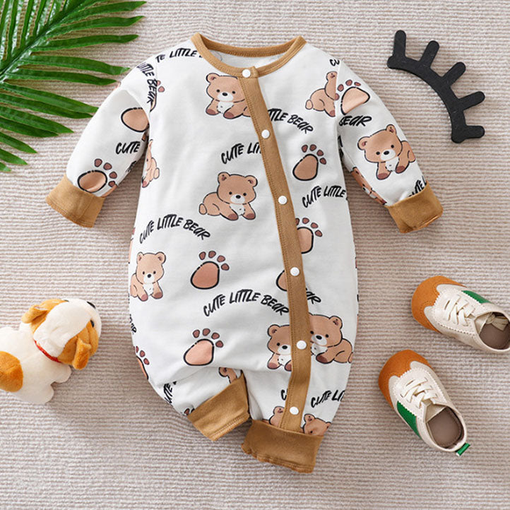Cute Little Bear Letter Bear Printed Long Sleeve Baby Jumpsuit