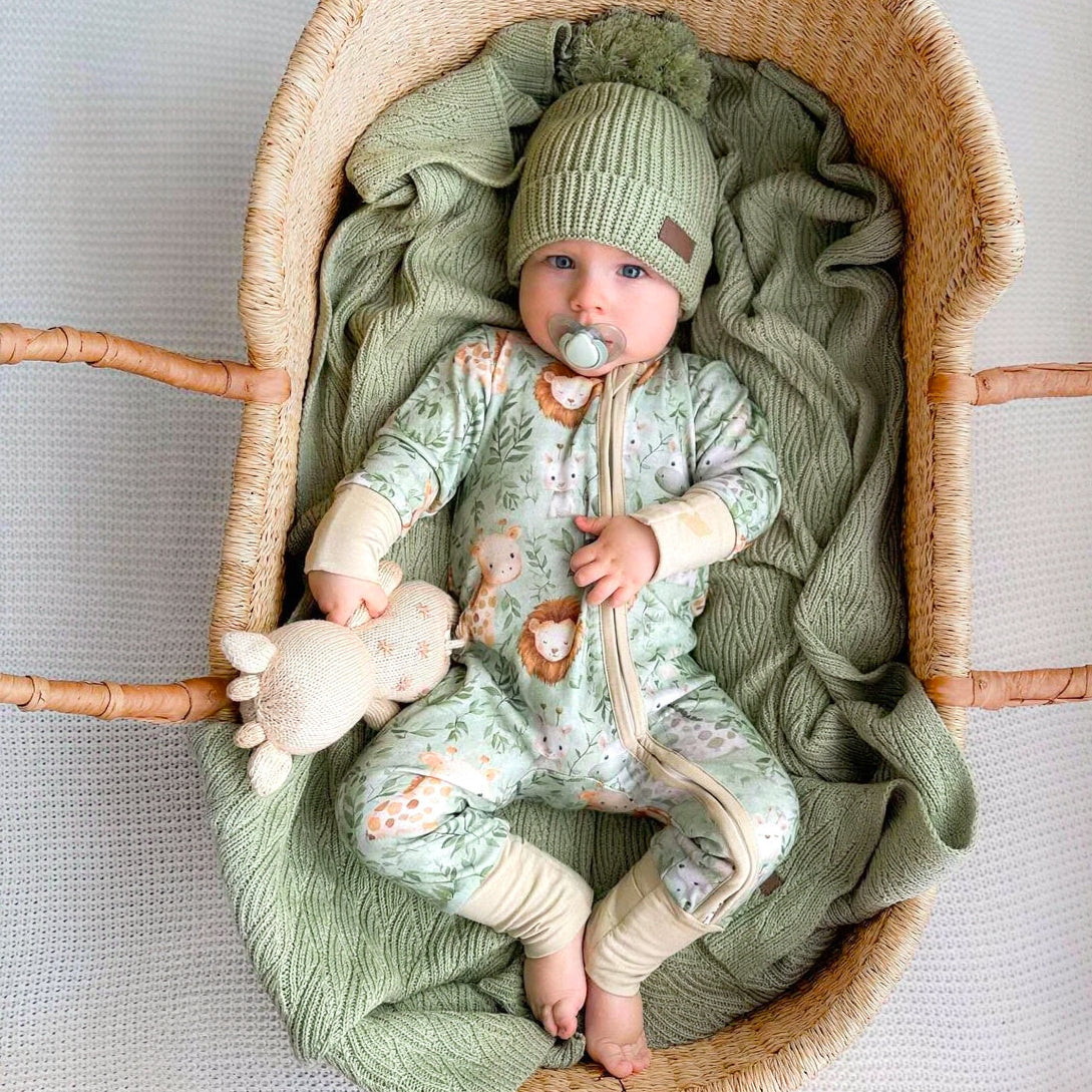 Cute Lion Giraffe Leaf Printed Long Sleeve Zipper Baby Jumpsuit