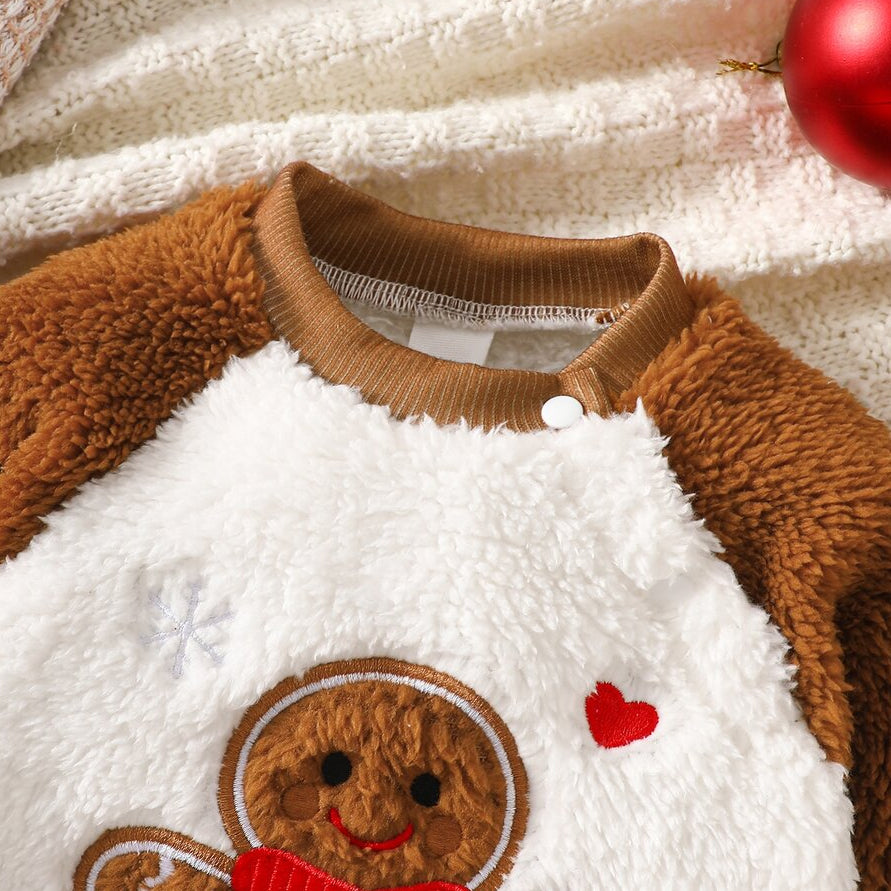 2PCS Lovely Gingerbread Cane Candy Embroidered Fleece Baby Jumpsuit