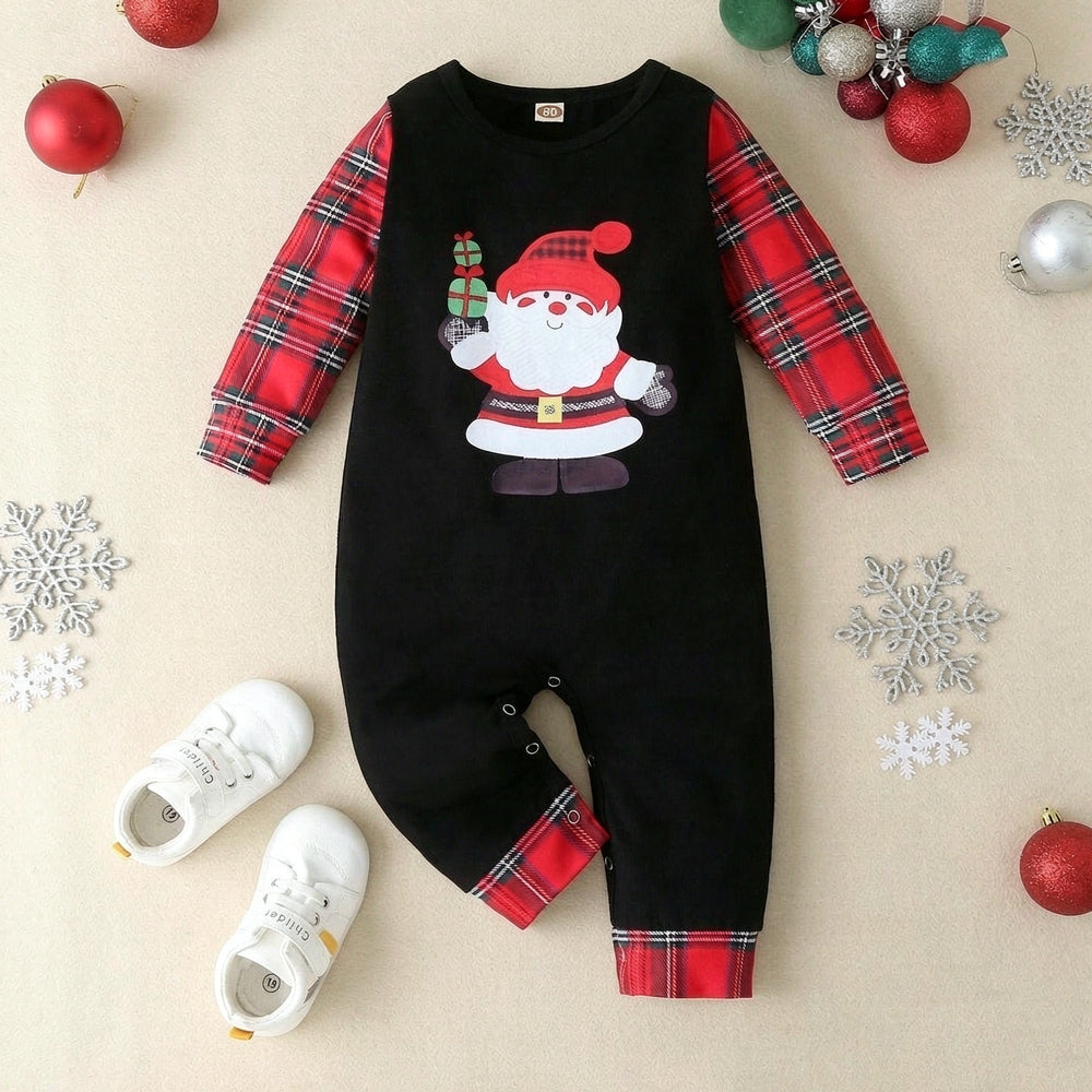 Lovely Santa Plaid Print Long Sleeve Baby Christmas Jumpsuit
