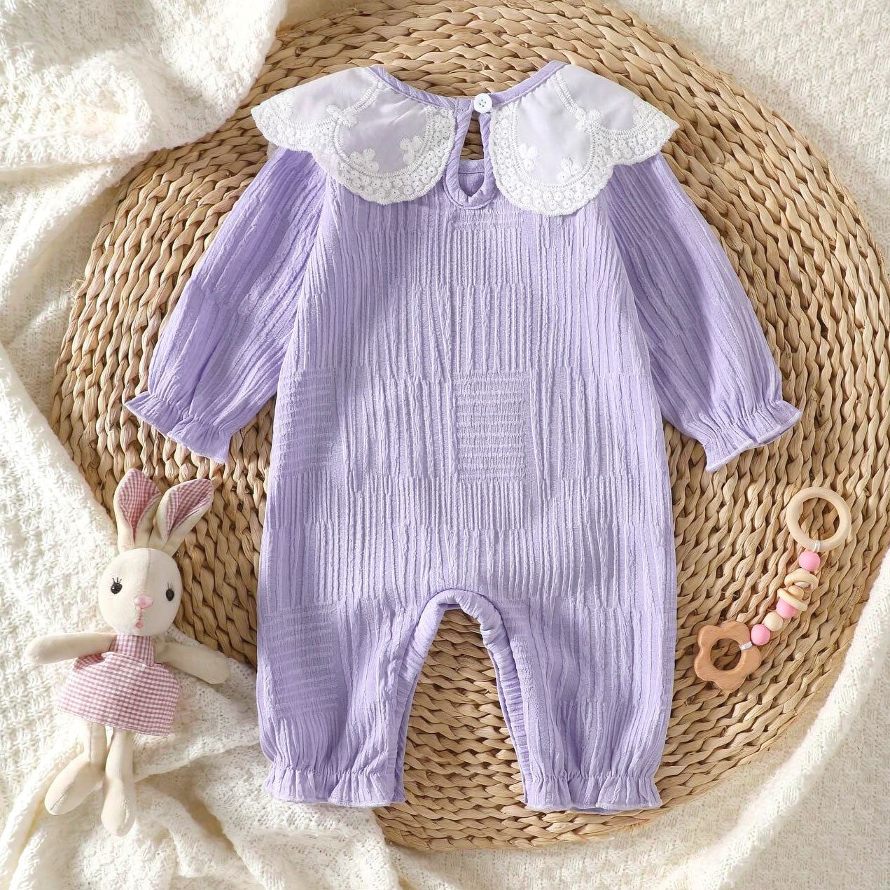 Sweet Solid Color Lace Lapel Long Sleeve Baby Girl Jumpsuit