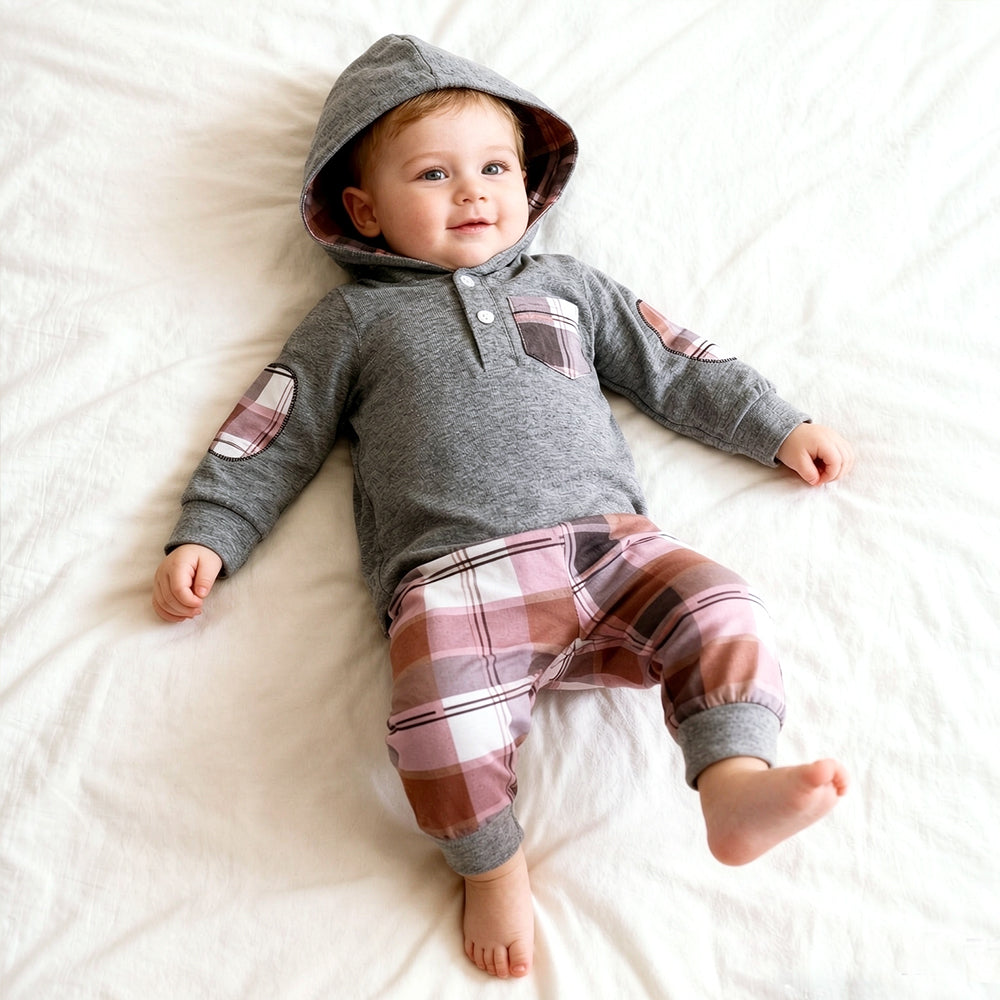 2PCS Plaid Print Long Sleeve Hoodie Baby Set