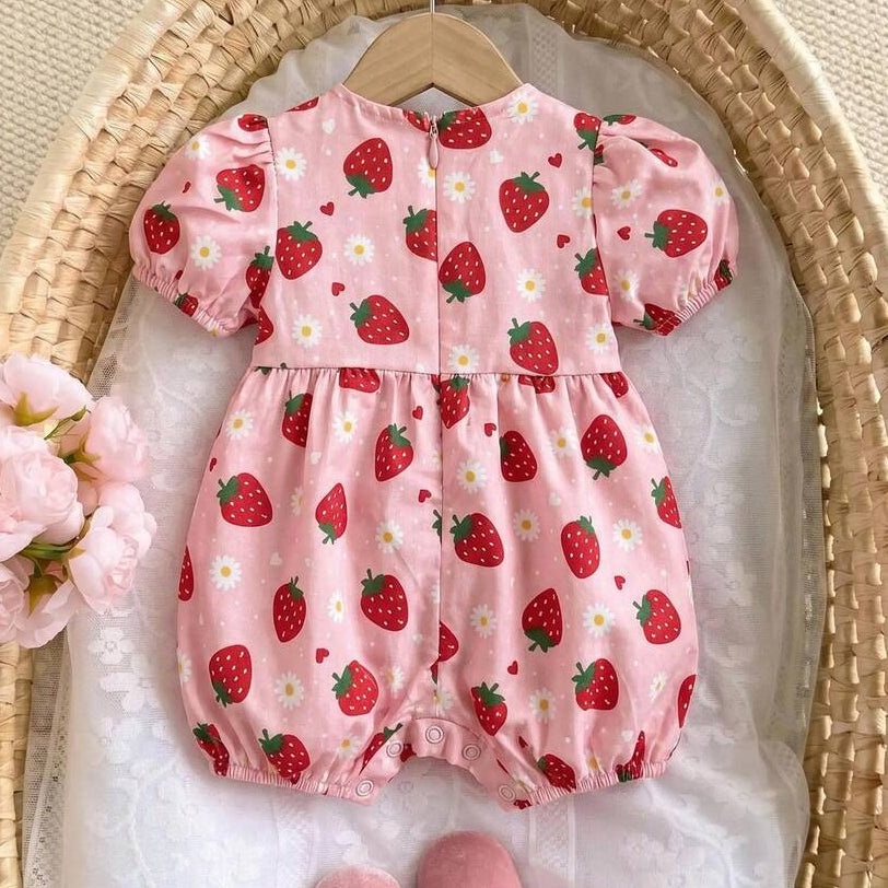 Elegant Strawberry Print Short Sleeve Baby Jumpsuit
