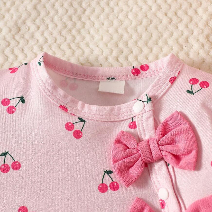 2PCS Sweet Cherry Print Bow Puff Sleeve Baby Jumpsuit