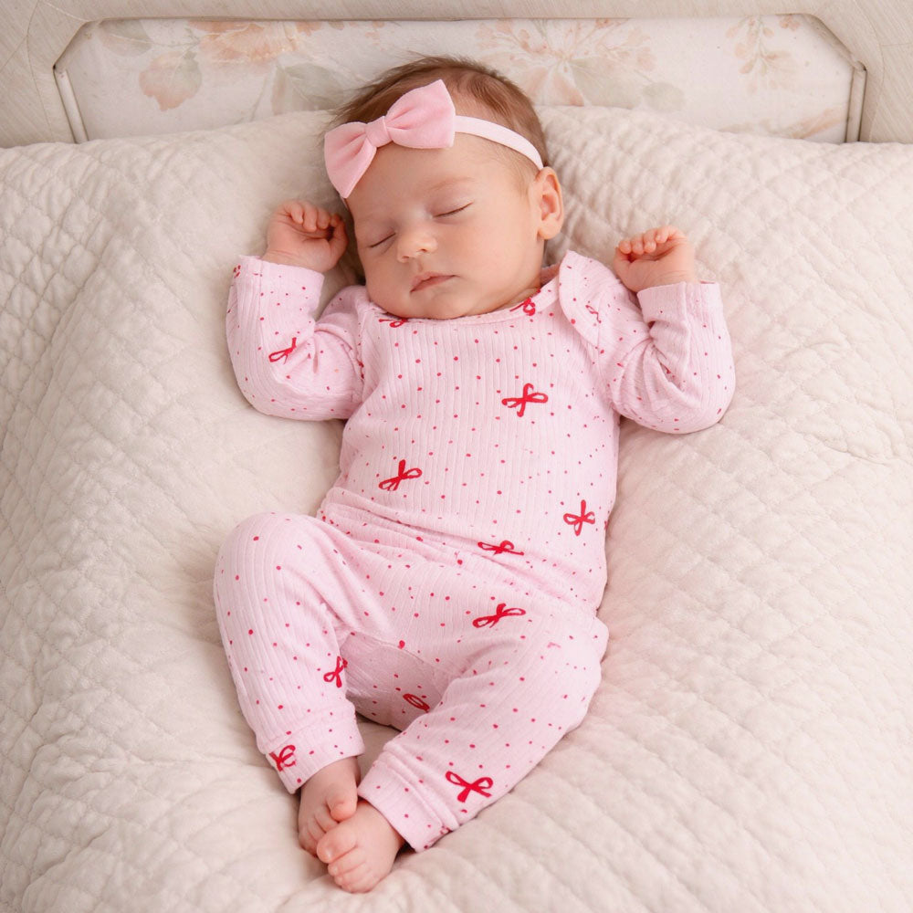 Grace Bow Polka Dots Print Long Sleeve Baby Girl Jumpsuit