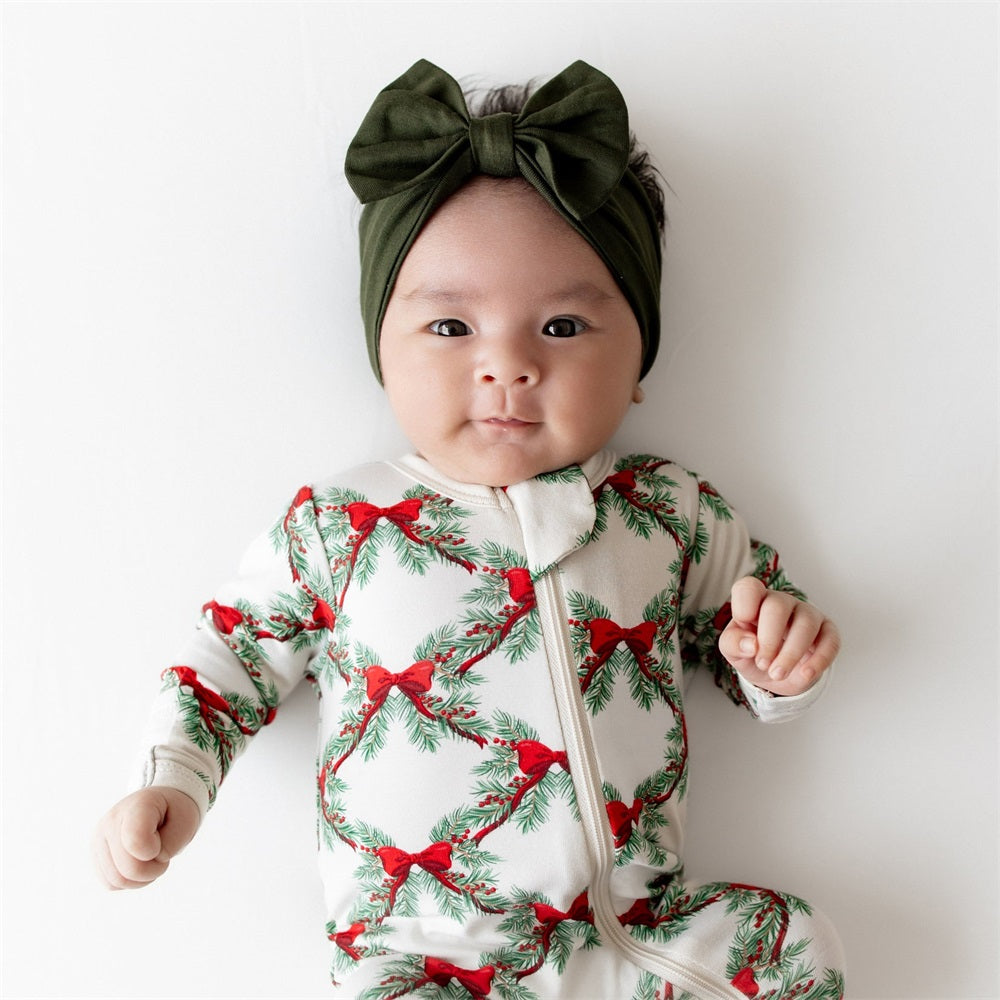 Christmas Bow Print Long Sleeve Zipper Baby Jumpsuit