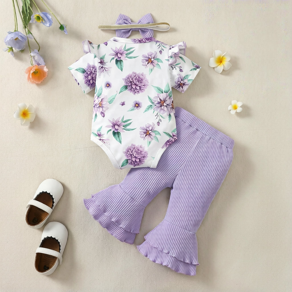 3PCS Adorable Floral Print Ruffled Short Sleeve Baby Set