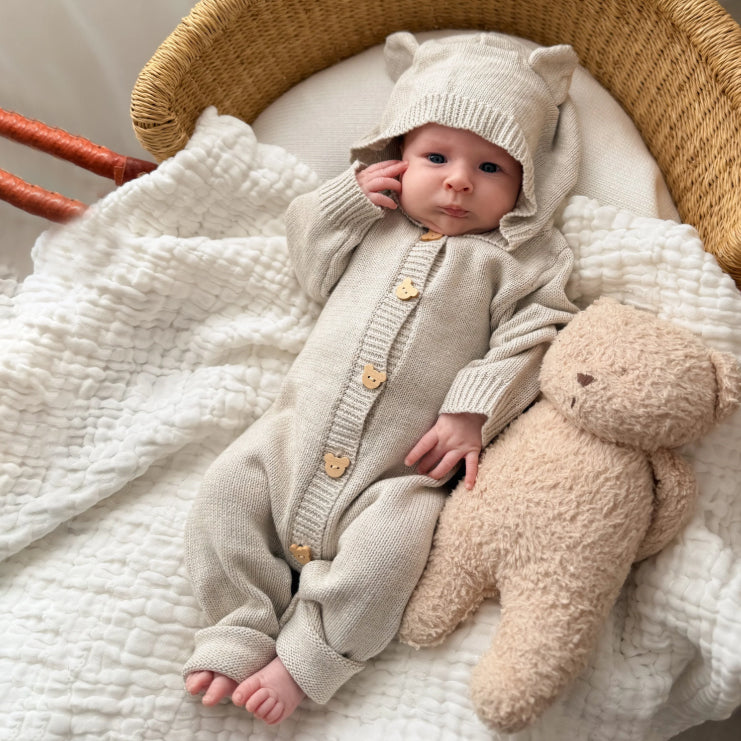Solid Color Knit Long Sleeve Hoodie Baby Jumpsuit
