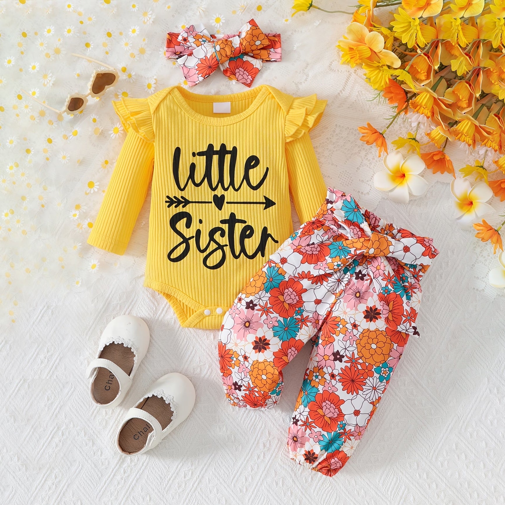 3PCS Lovely Little Sister Letter Floral Print Baby Set