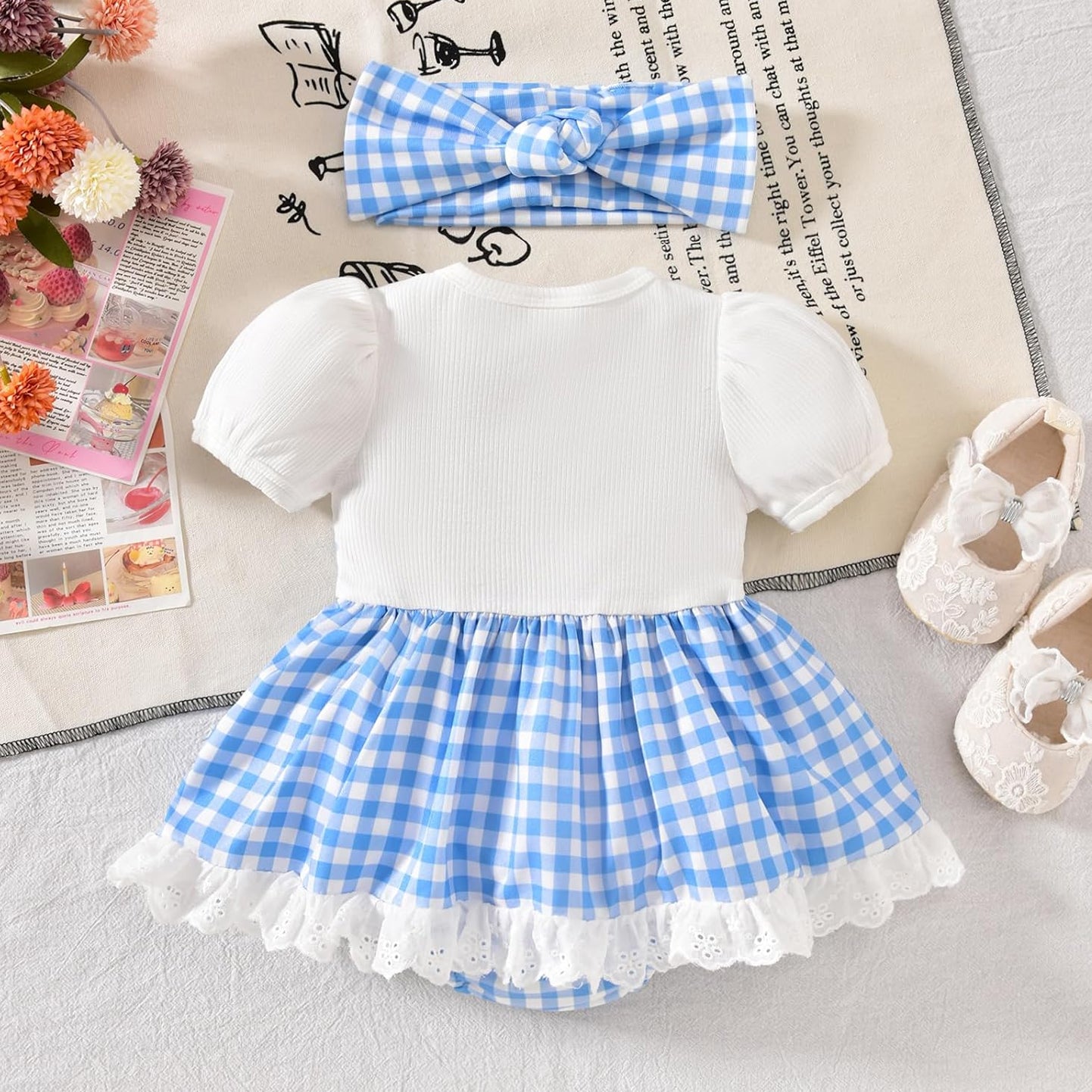 2PCS Cheerful Faux Layered Plaid Print Short Sleeve Baby Romper