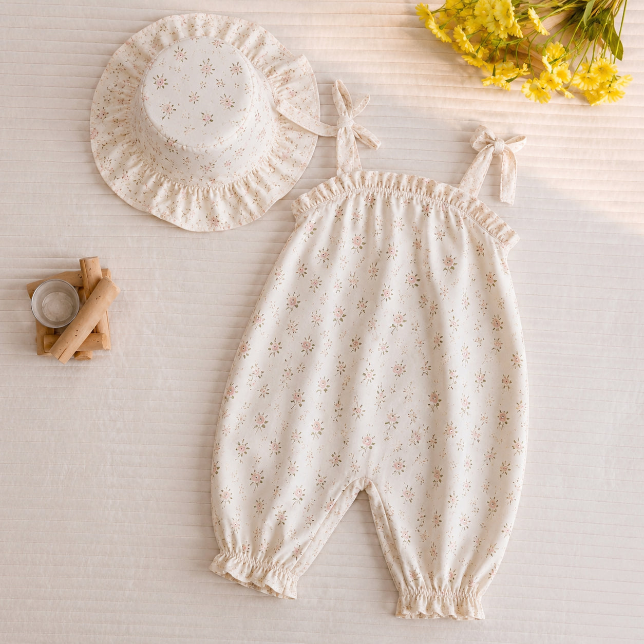 2PCS Adorable Floral Print Sleeveless Baby Jumpsuit