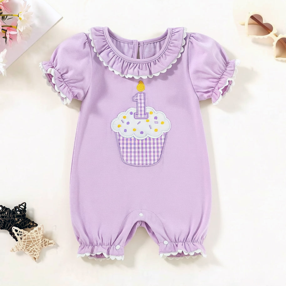 Sweet Cake Embroidery Short Sleeve Baby Jumpsuit