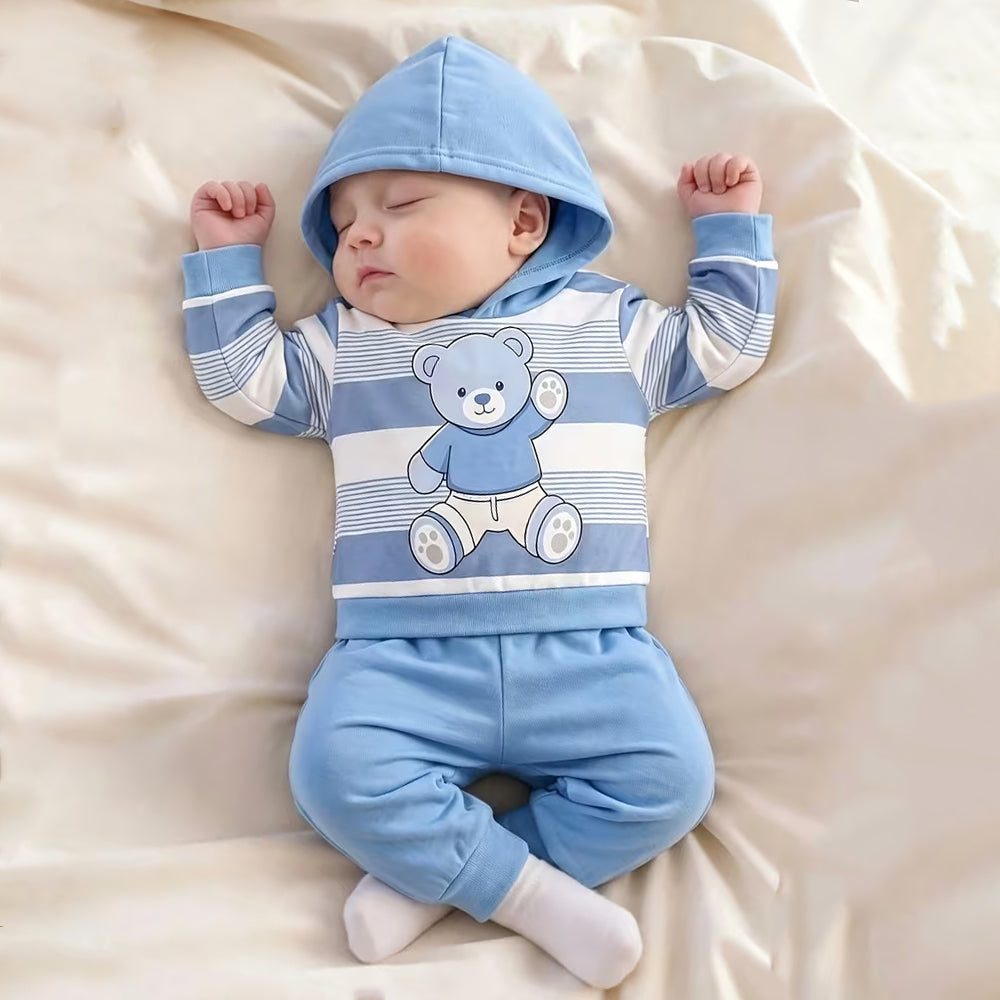 2PCS Cute Bear Stripe Print Long Sleeve Hoodie Baby Set