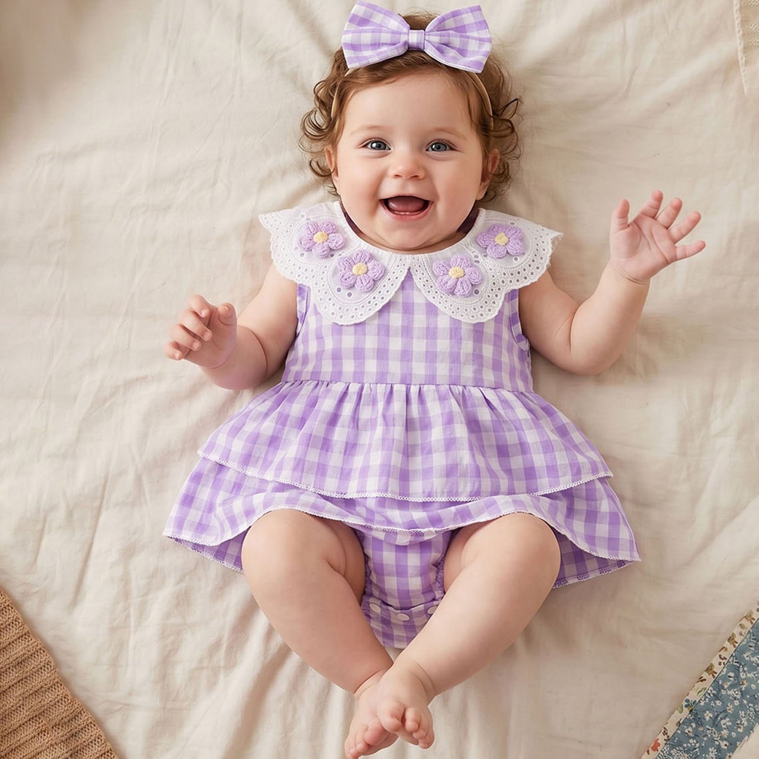 2PCS Grace Floral Appliqué Plaid Print Sleeveless Baby Romper