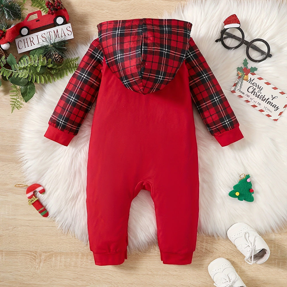 My 1st Christmas Letter Reindeer Plaid Print Baby Hoodie Jumpsuit