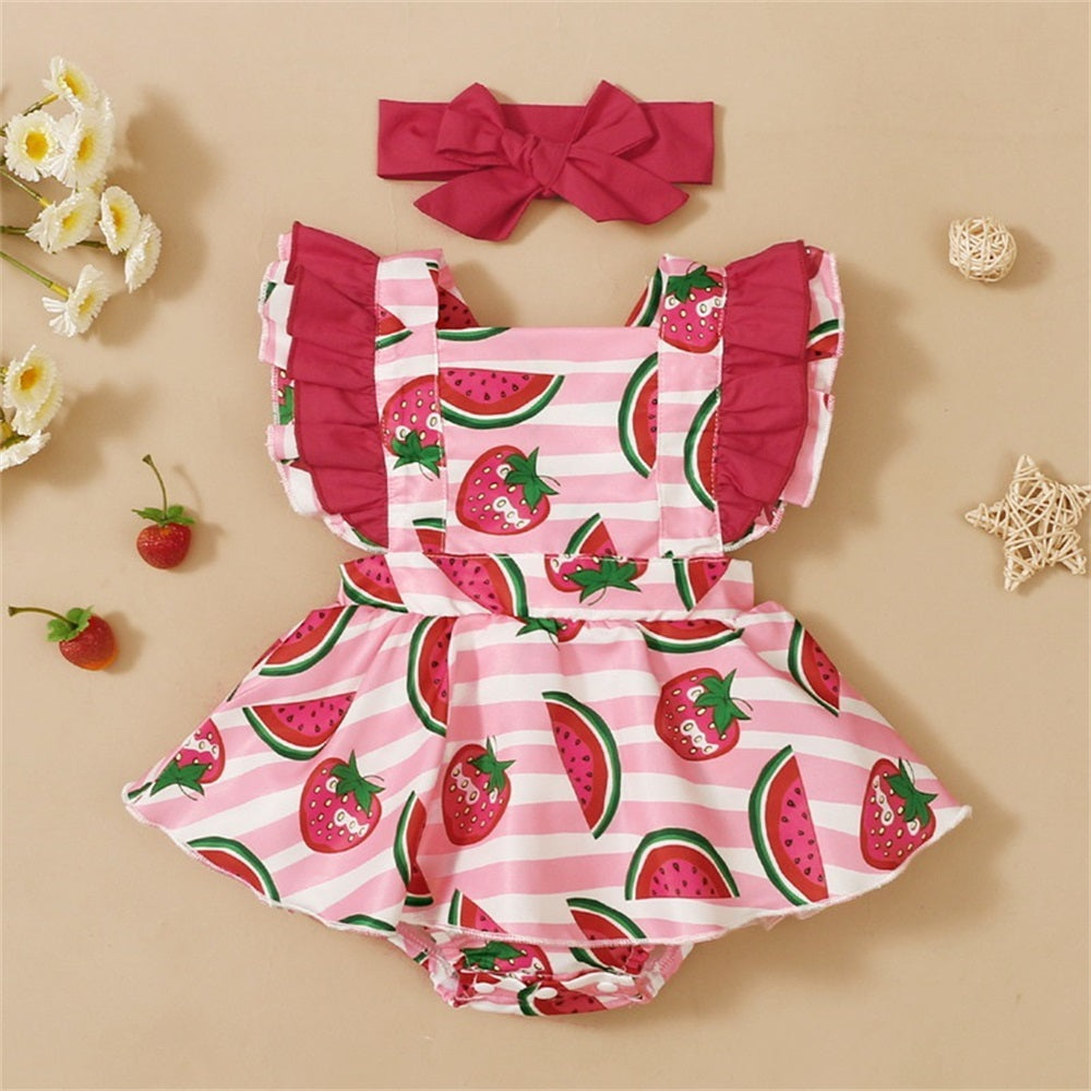 2PCS Watermelon Printed Striped Fly Sleeve Baby Romper