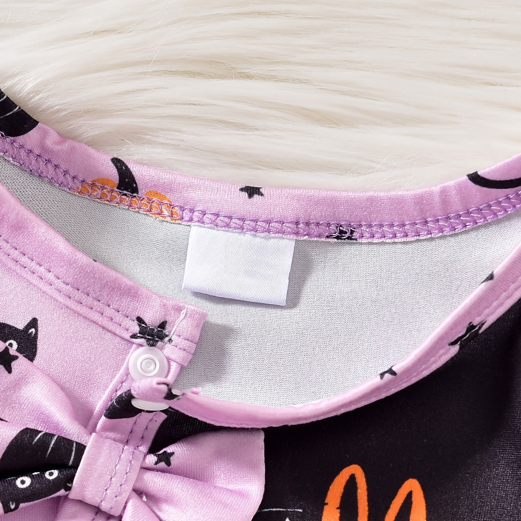 2PCS My 1st Halloween Letter Cat and Stars Printed Baby Girl Jumpsuit