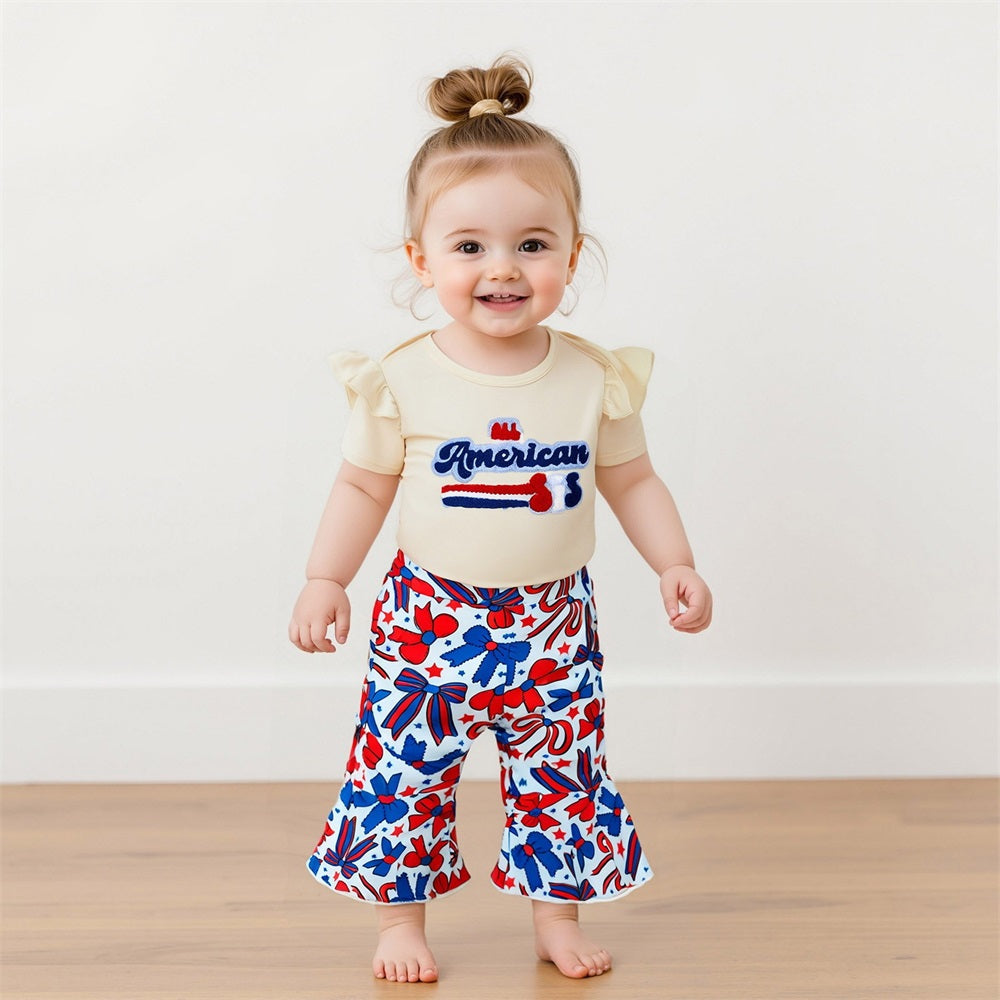 2PCS Letter Embroidery Bow Printed Short Sleeve Baby Set