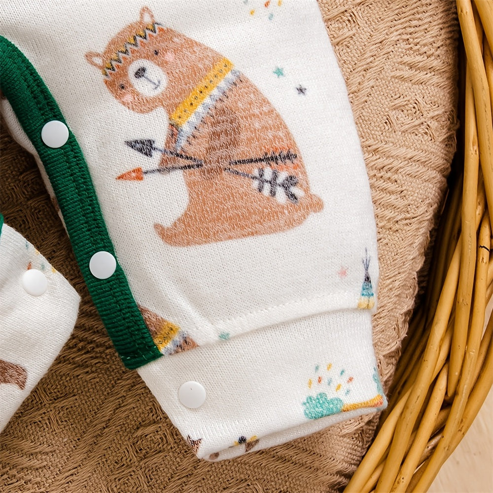2PCS Adorable Bear Printed Long Sleeve Baby Boy Jumpsuit