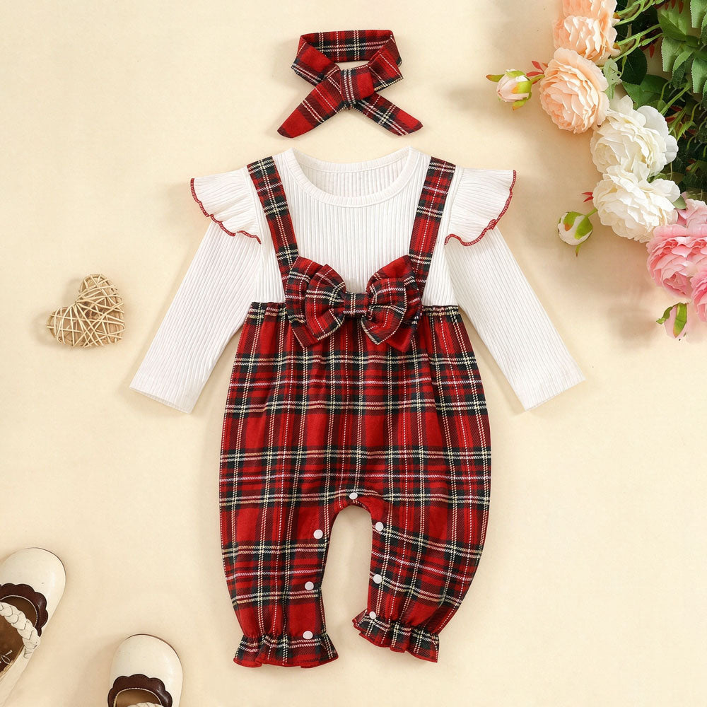2PCS Christmas Plaid Printed Long Sleeve Bowknot Decor Baby Jumpsuit