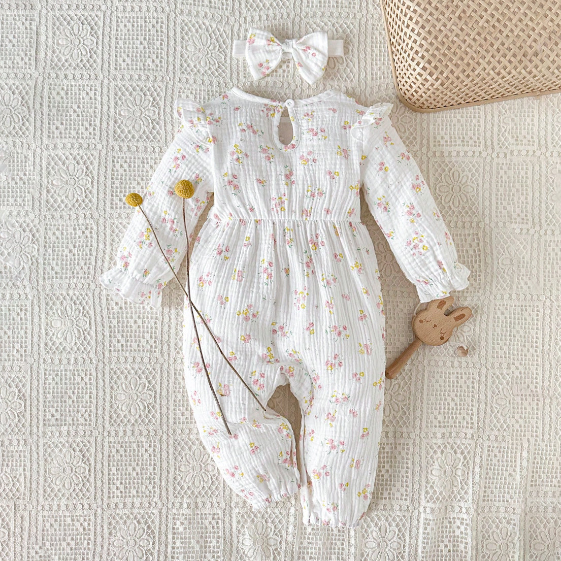 2PCS Cheerful Floral Print Long Sleeve Baby Jumpsuit