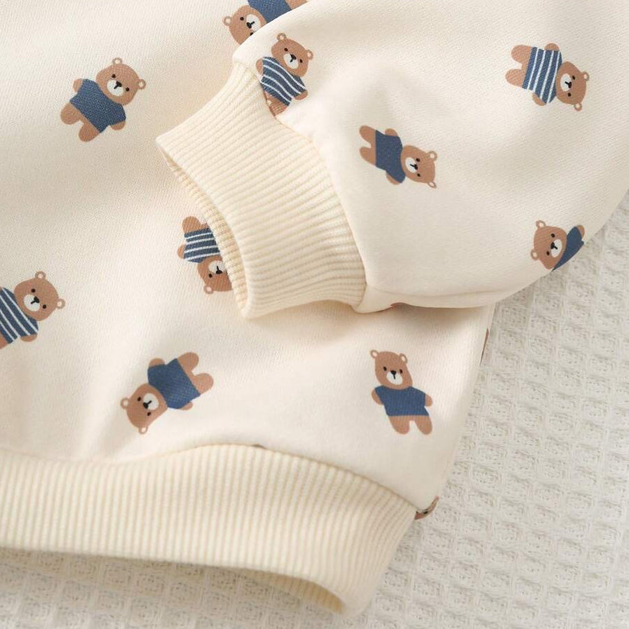 2PCS Adorable Bear Print Long Sleeve Corduroy Baby Overalls Set