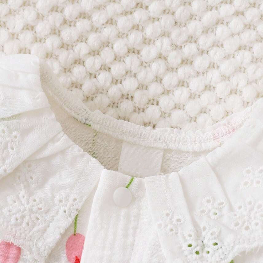 Classic Floral Print Eyelet Lace Short Sleeve Baby Jumpsuit