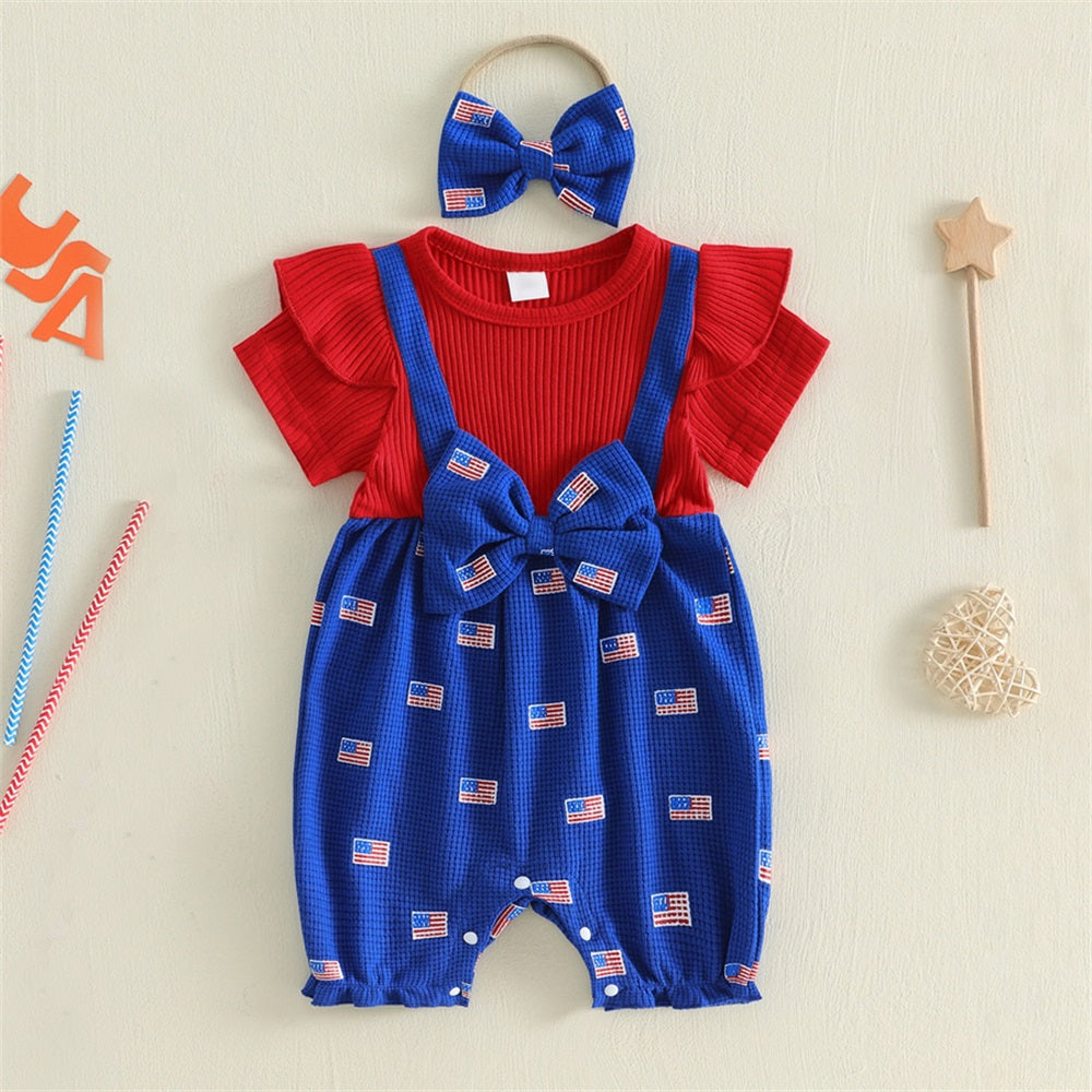 2PCS Flag Printed Bow Short Sleeve Baby Jumpsuit