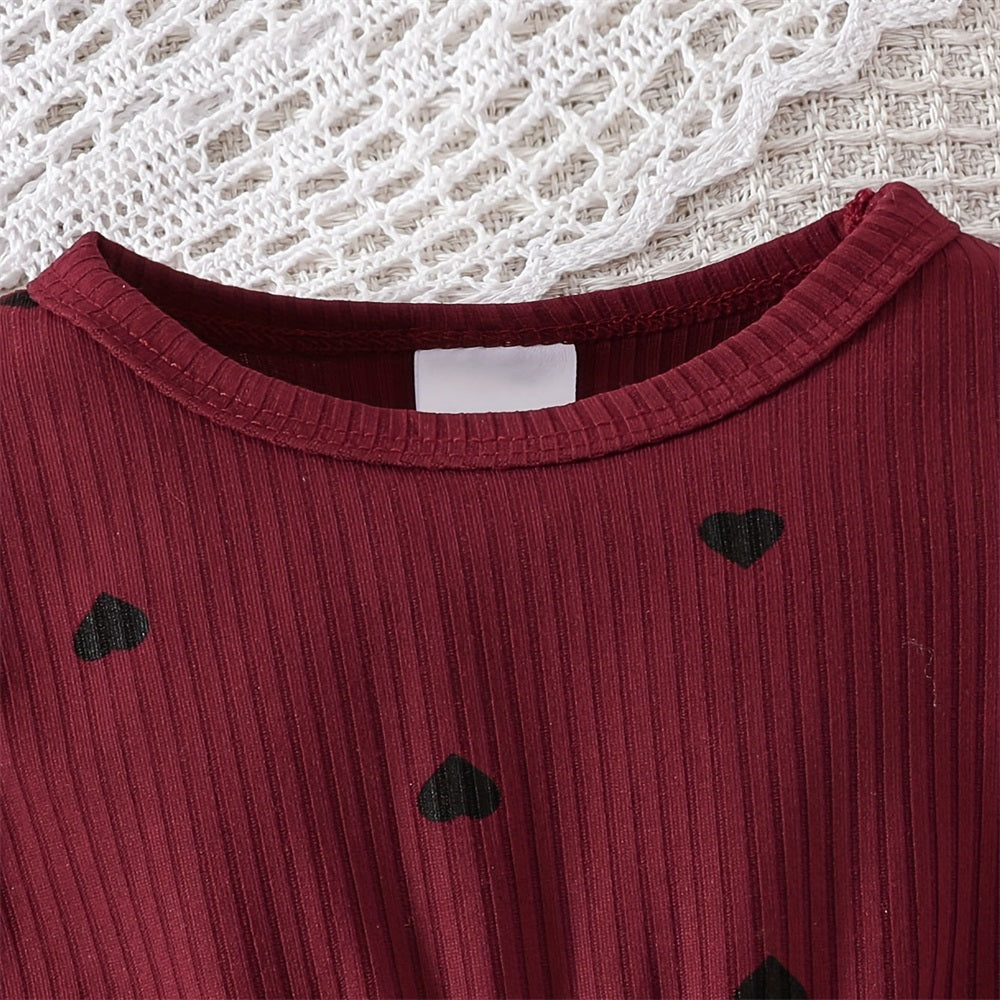 2PCS Cute Heart Print Ruffle Shoulder Long Sleeve Baby Romper