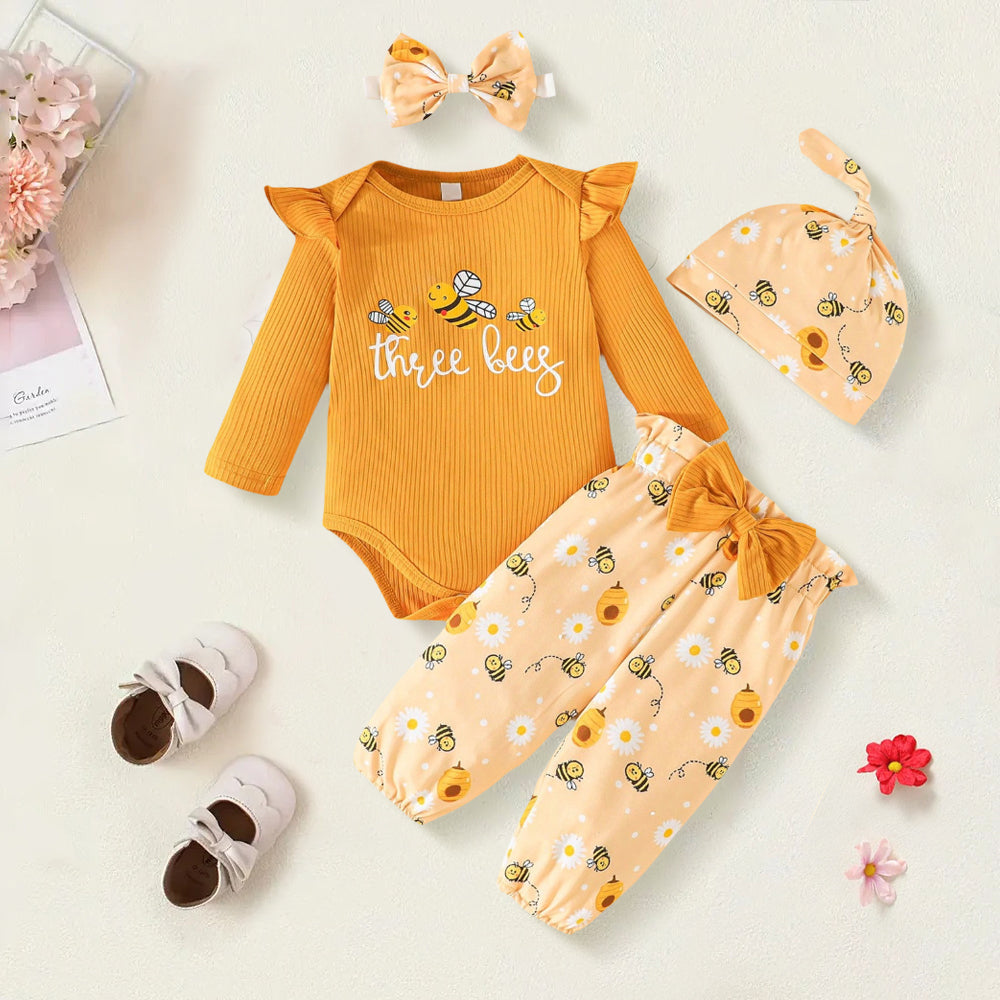 4PCS Three Bees Letter Bee Print Long Sleeve Baby Set