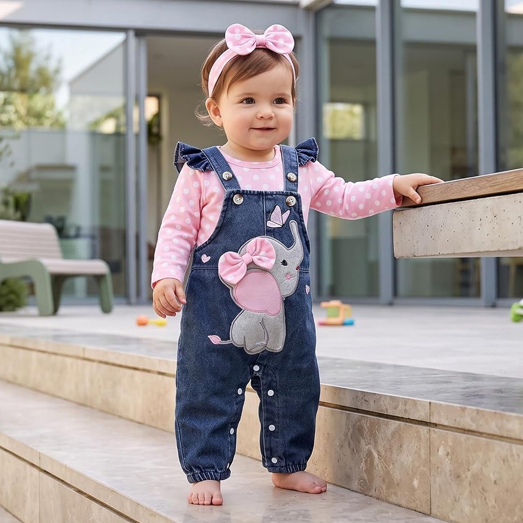 3PCS Sweet Polka Dots Print Elephant Embroidery Baby Overalls Set