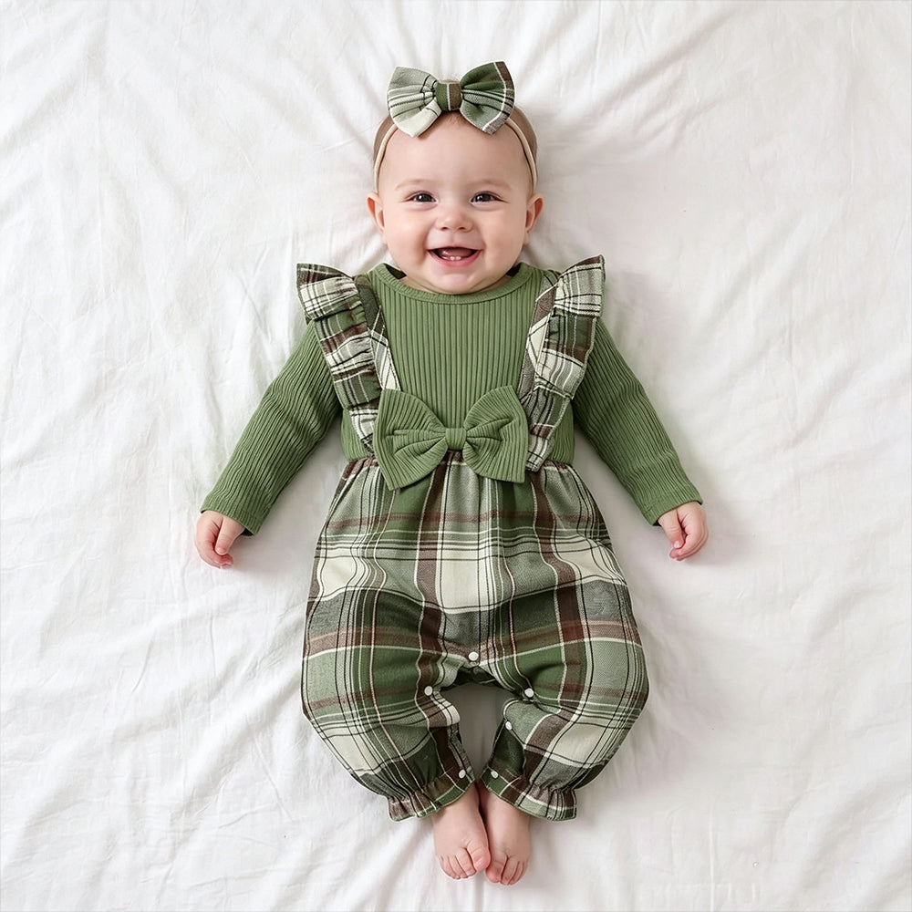 2PCS Fresh Plaid Printed Ruffle Long Sleeve Baby Girl Jumpsuit