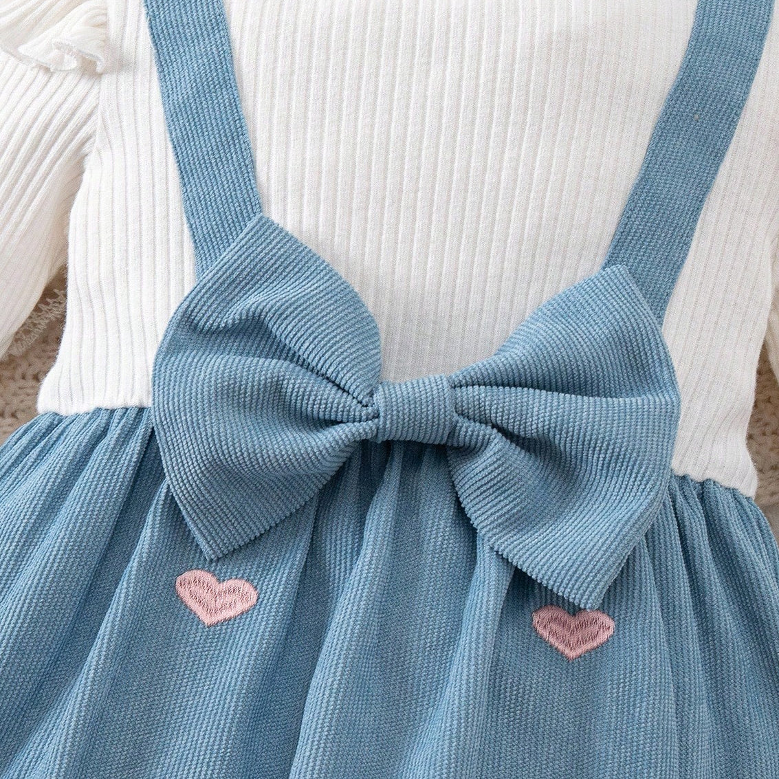 2PCS Cute Faux Two Piece Heart Embroidery Baby Girl Corduroy Jumpsuit